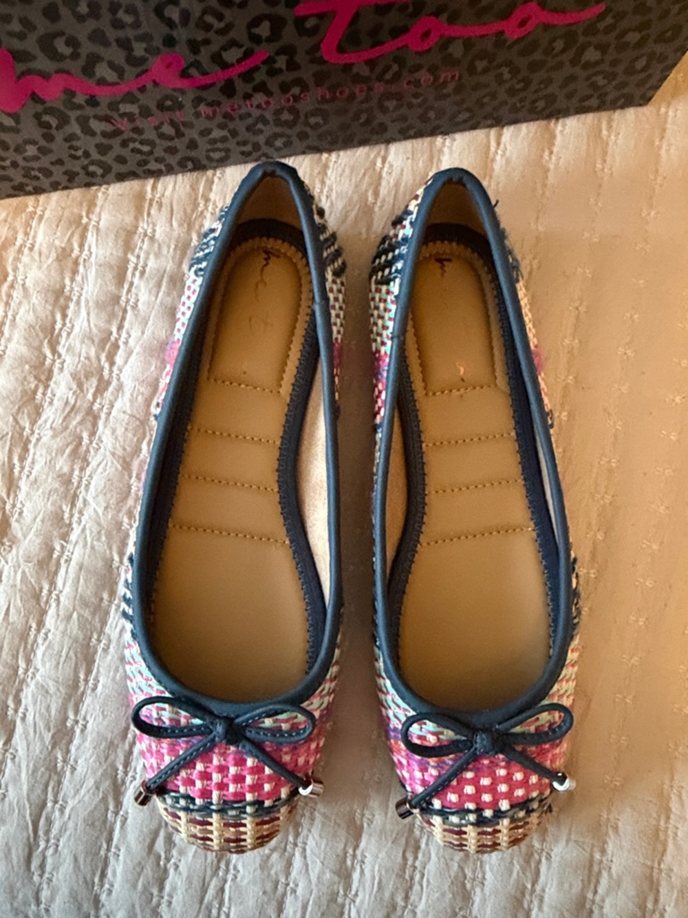 "me too" Pink Multicolor Woven Bow Ballet Flats with Navy Trim 6M    LOVE ❤️ NWT - Picture 5 of 8